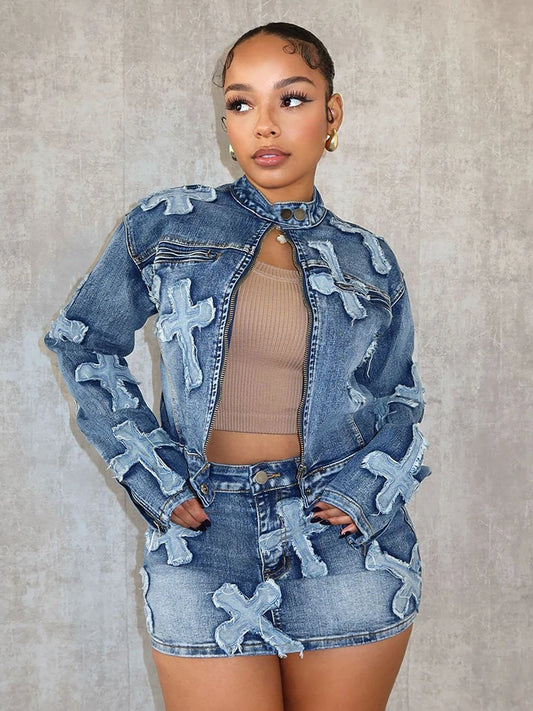 GSXLZX 2 Piece Denim Sets Womens Outfits Spring Long Sleeve Zipper Jacket and Mini Skirt Set Sweet Sexy Outfits Wholesale Dropshipping