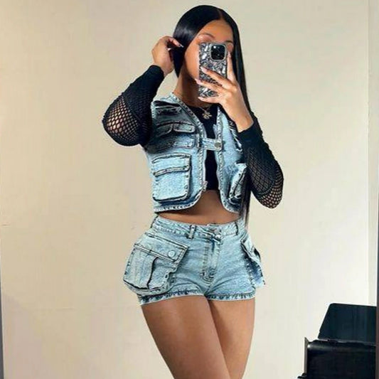 GSXLZX 2 Pieces Set Sexy 2024 Summer Spring Fashion Women Set Solid Color Sleeveless Denim Jeans  And Shorts Suit Matching Sets Outfit