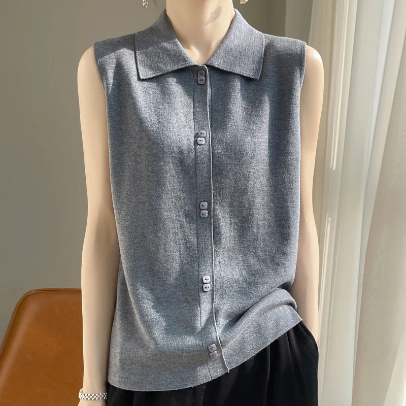 GSXLZX 2024 Spring and Summer New Fashion Vest Ladies Knitted Cashmere Sweater Women Sleeveless Lapel  Female Vest Loose Tops