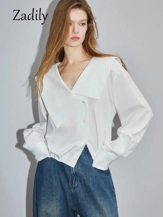 GSXLZX 2024 Summer Office Lady Long Sleeve Women Cotton White Shirt Asymmetrical Button Up Work Short Shirts Female Blouse Clothing
