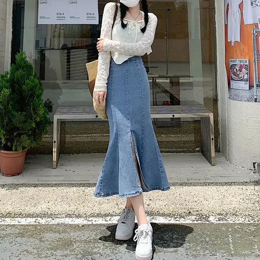 GSXLZX BIYABY Korean Style Bodycon Fishtail Skirts for Women Fashion Denim Split Long Skirt 2024 New High Waisted Ruffles Midi Skirts