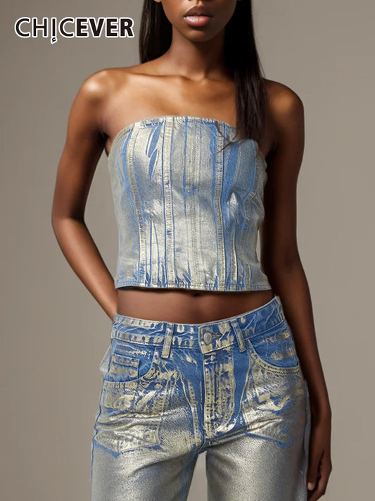 GSXLZX CHICEVER Hit Color Denim Vest For Women Strapless Sleeveless Off Shoulder Slimming Patchwork Zipper Summer Tank Tops Female New