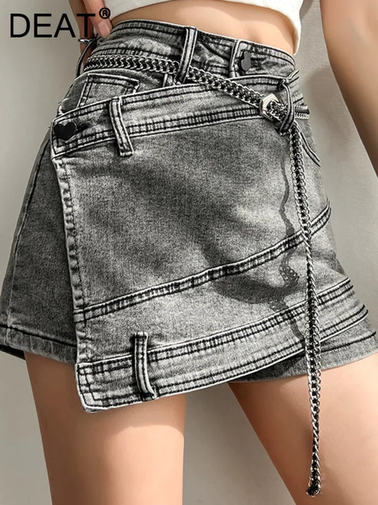 GSXLZX DEAT Fashion Women's Denim Skirt New High Waist Irregular Chain Spliced Gray Above Knee Skirts Female Tide Summer 2024 17A1443