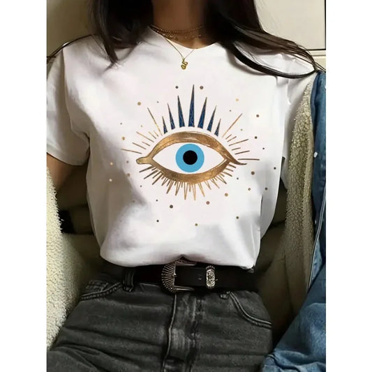GSXLZX Devil's Eye Printed Tee Shirts 100% Cotton Womens Crop T-shirts O-Neck Short Sleeves Casual Loose Clothes Fashion Female Tops