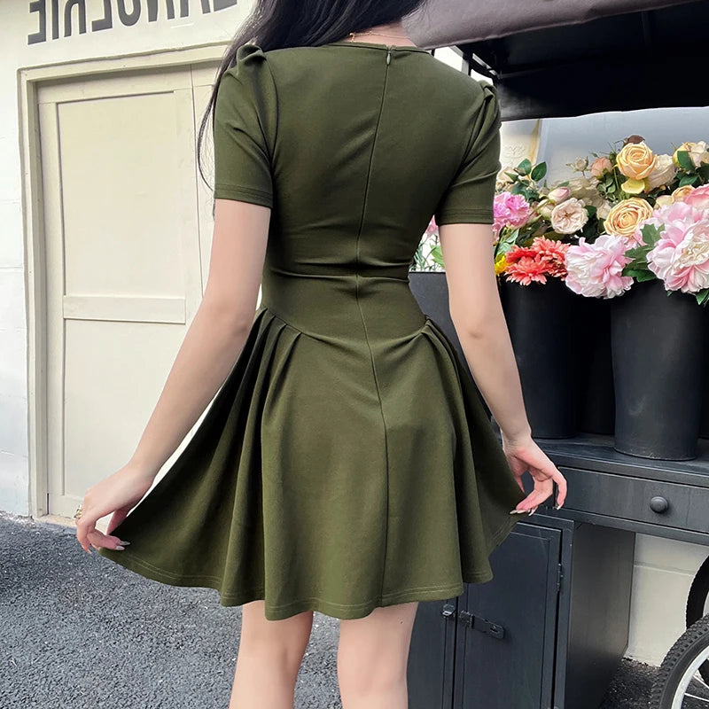 GSXLZX Dresses Women Folds Mini Vintage Square Collar Temper Solid French Stvle Chic A-line Fashion Summer Simple Casual BasicYL23042GG