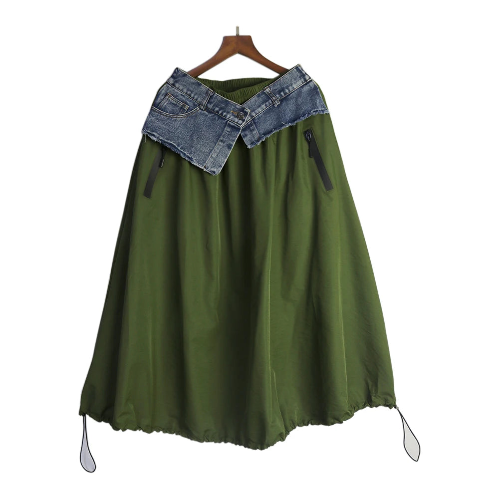 GSXLZX High Elastic Waist Green Denim Irregular Casual A-line Half-body Skirt Women Fashion Tide New Spring Autumn 2024