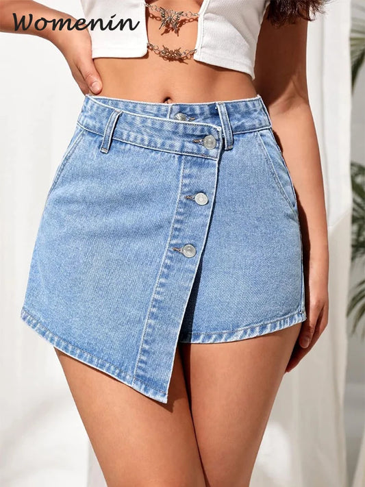 GSXLZX Irregular Denim Shorts Skirt Women High Waist Button Pocket Mini Skirts 2024 Spring Summer Casual Solid Female Short Pants New