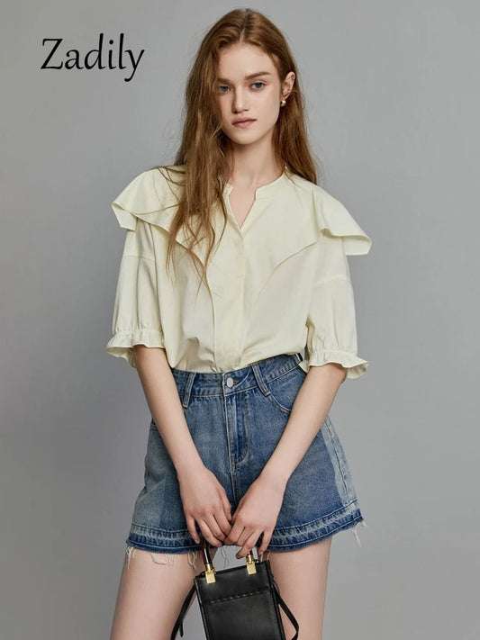 GSXLZX Office Lady Short Sleeve Ruffles Women Cotton Shirt 2024 Summer Button Up Loose Work Shirts Solid Color Blouse Female Clothing