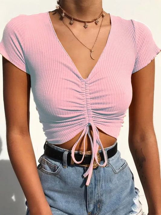 GSXLZX Sexy V Neck Cropped Tank Tops Women Drawstring Tie Up Front Camis Candy Colors Streetwear Slim Fit Ribbed Crop Top