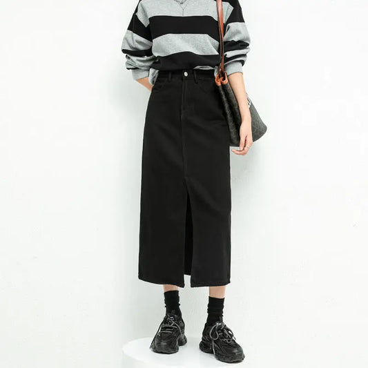 GSXLZX Split Denim Skirt For Women High Waisted Loose A-line Skirt Korean Elegant Black Skirts 2024 Autumn Fashion Mid length Skirts