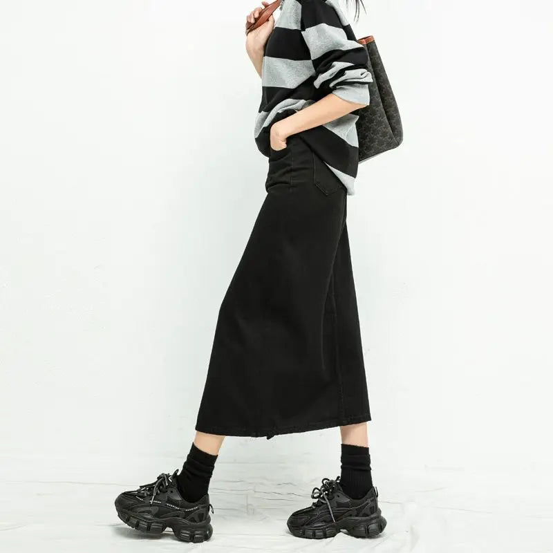 GSXLZX Split Denim Skirt For Women High Waisted Loose A-line Skirt Korean Elegant Black Skirts 2024 Autumn Fashion Mid length Skirts