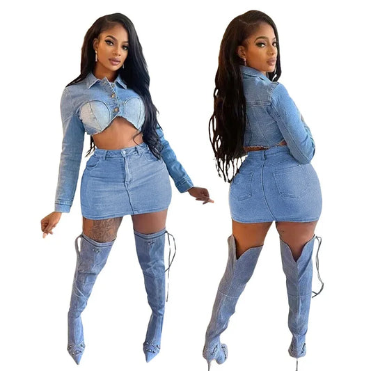 GSXLZX Stretch Denim Two Piece Set Women Turn Down Collar Long Sleeve Single Breasted Crop Jackets Top Bodycon Mini Skirts Jeans Suit