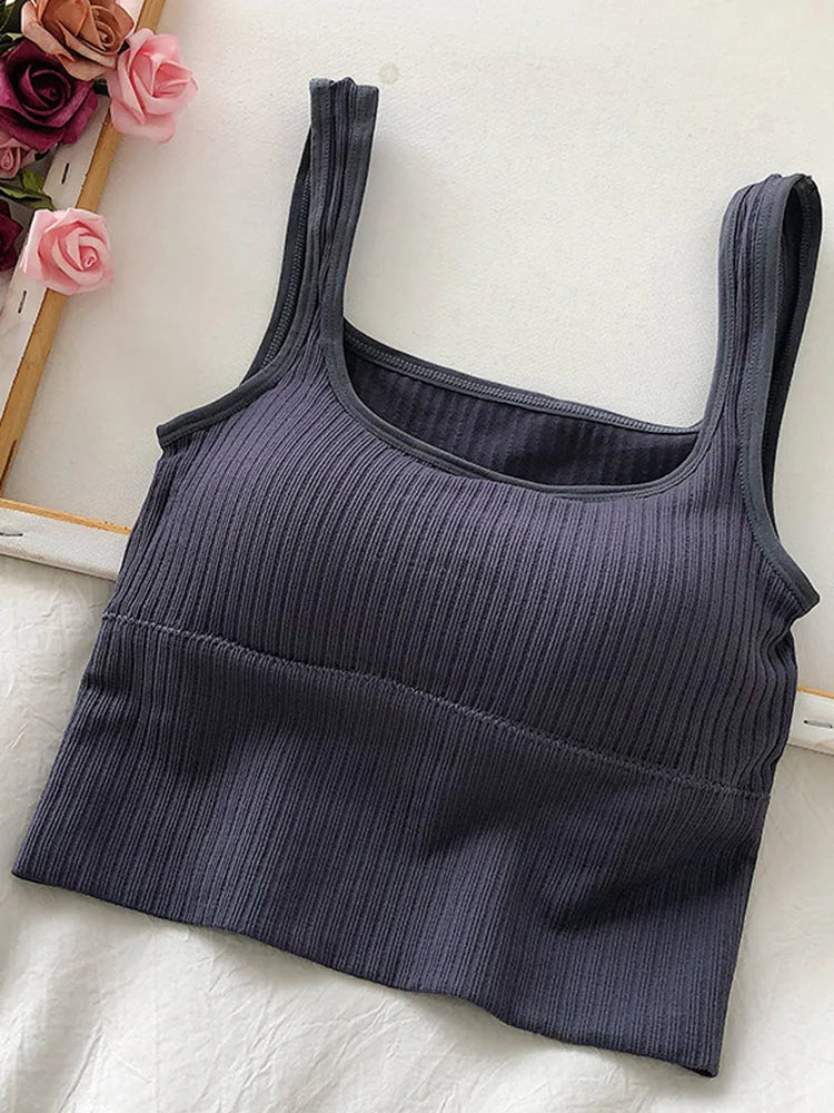 GSXLZX Summer Crop Top Women Seamless Square Collar Wide Straps Tank Top Knitted Striped Camisole Solid Corset Top Female
