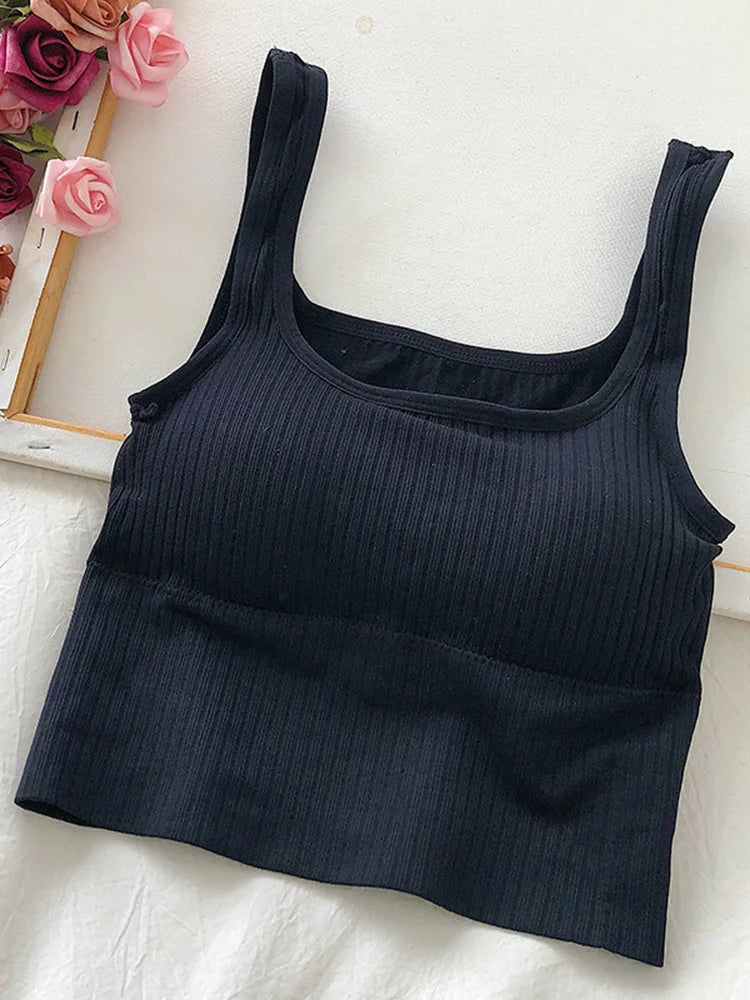 GSXLZX Summer Crop Top Women Seamless Square Collar Wide Straps Tank Top Knitted Striped Camisole Solid Corset Top Female