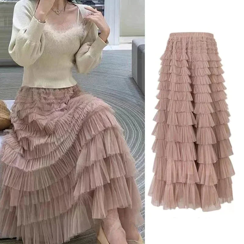 GSXLZX Summer Spring Women’s Multilayer Ruffles Tulle Skirt Pleated High Waist Fluffy Maxi Skirt Fairy Cake Dress Long Tutu Party Skirt
