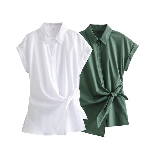 GSXLZX TRAF Short Sleeve Shirts for Women Bow Asymmetrical Shirt Woman Streetwear Shirts and Blouses Summer 2024 Women Casual Shirts