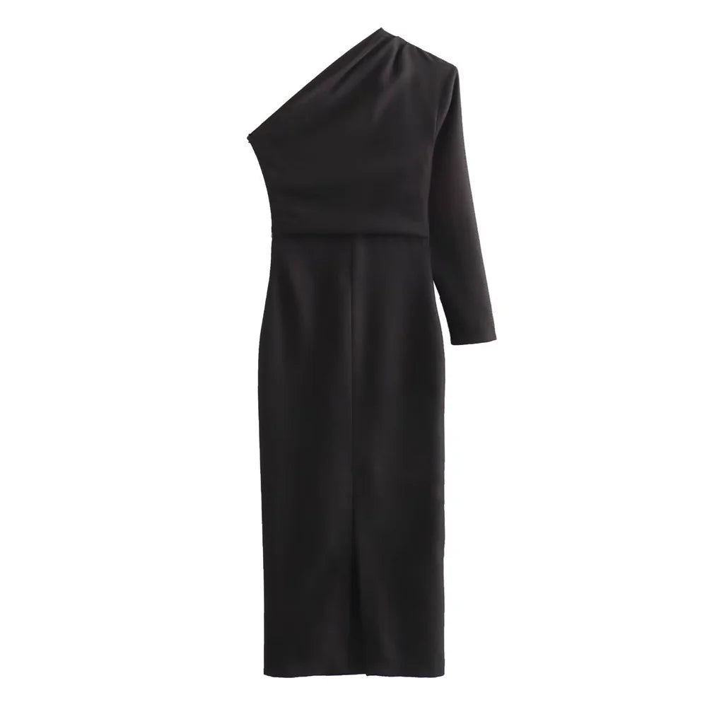 GSXLZX Taop&Za 2024 Spring New Product Women's Fashionable and Elegant Wrinkled, Split French Slim Fit, Asymmetric Texture Dress