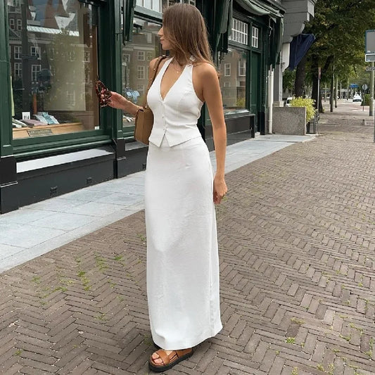GSXLZX  Women 2 Piece Summer Outfits Solid Color Button Halter Tops and Slit Long Skirt Set for Streetwear y2k Aesthetic Clothes