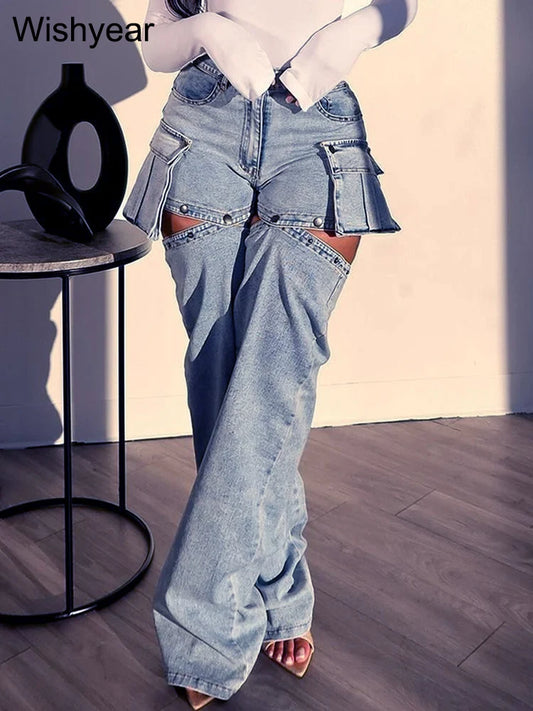 GSXLZX Women Fashion Designer Button Fly High Waist 3D Pockets Jeans Casual Straight Trousers Detachable As Shorts Denim Cargo Pants
