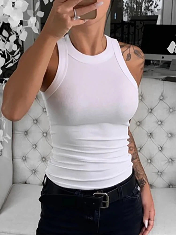 GSXLZX Women Solid Round Neck Ribbed Tank Top Camisole Women Summer Basic Elastic Tank Top O Neck Solid Tank Top