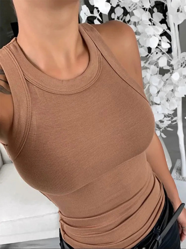 GSXLZX Women Solid Round Neck Ribbed Tank Top Camisole Women Summer Basic Elastic Tank Top O Neck Solid Tank Top