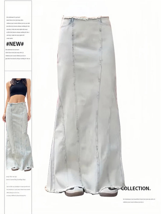 GSXLZX Women's White Denim Skirt Y2k A-Line Long Cowboy Skirts Harajuku Vintage Aesthetic Oversize Jean Skirt 2000s Clothes Summer 2024