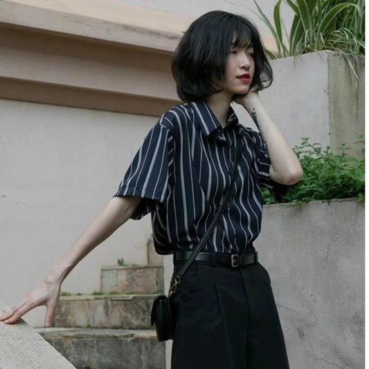 GSXLZX XEJ Elegant and Youth Woman Blouses Short Sleeve Striped Shirt British Style Summer Shirts for Women Fashion Retro Shirt